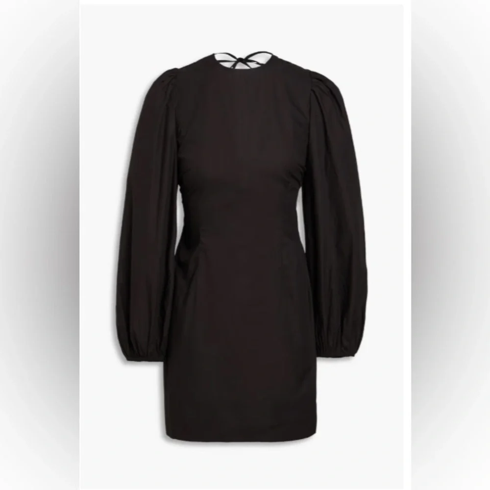 GANNI Sleek Minimalist Poplin Open Back Puff Sleeve Black Mini Dress Size 38 US8